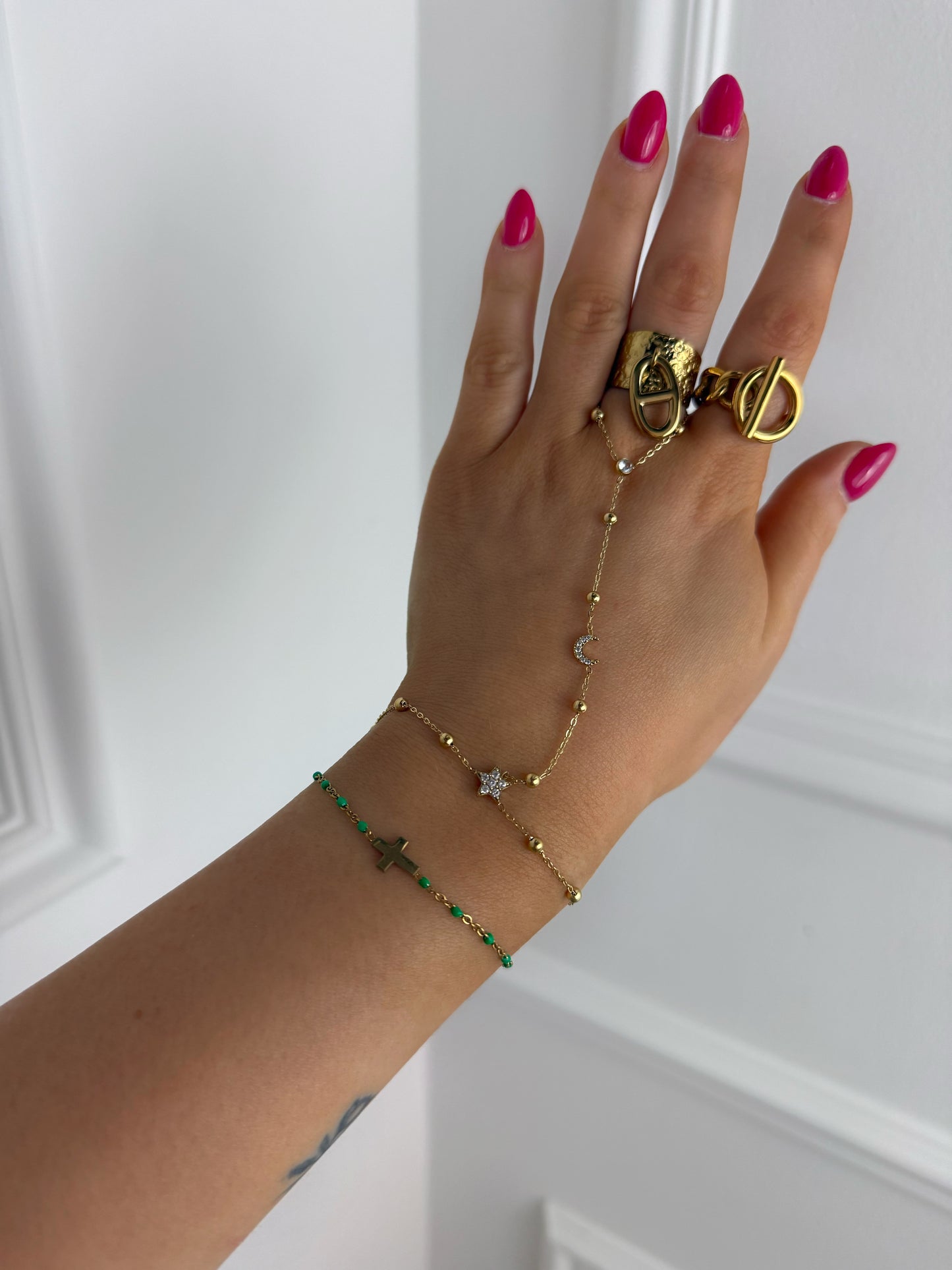 Bracelet croix doré et vert en acier inoxydable